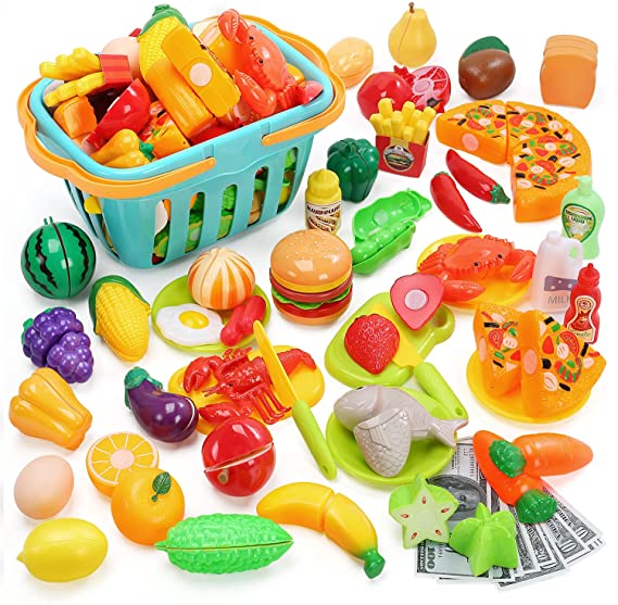 TotCraft Kitchen Toys Fun Cutting Fruits Vegetables Pretend Food Playset for Children Girls Boys Educational Early Age Basic Skills Development
